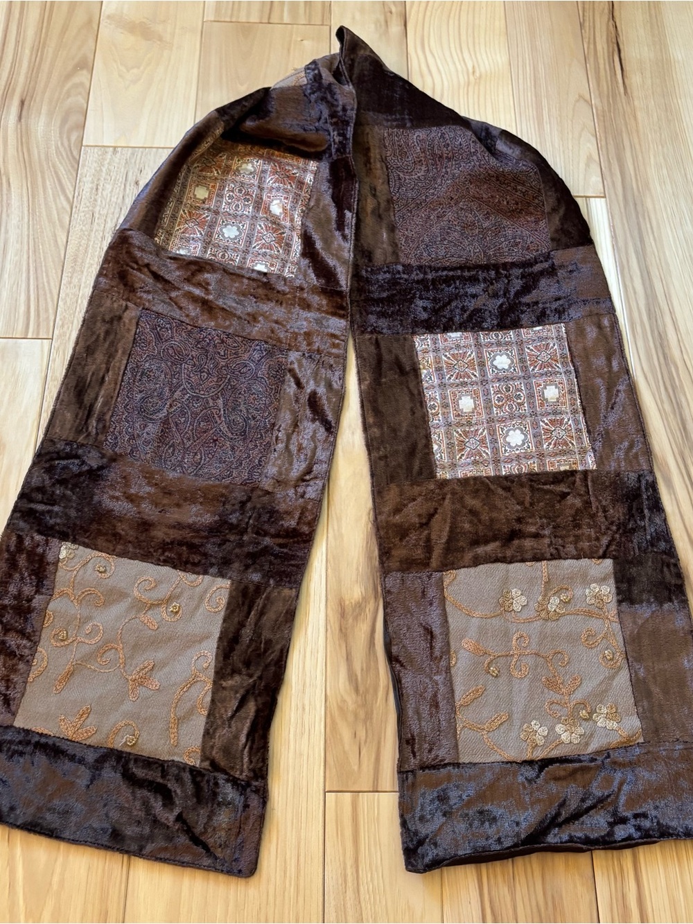 Vintage Brown Velvet Wool Silk Blend Mixed Pattern Scarf